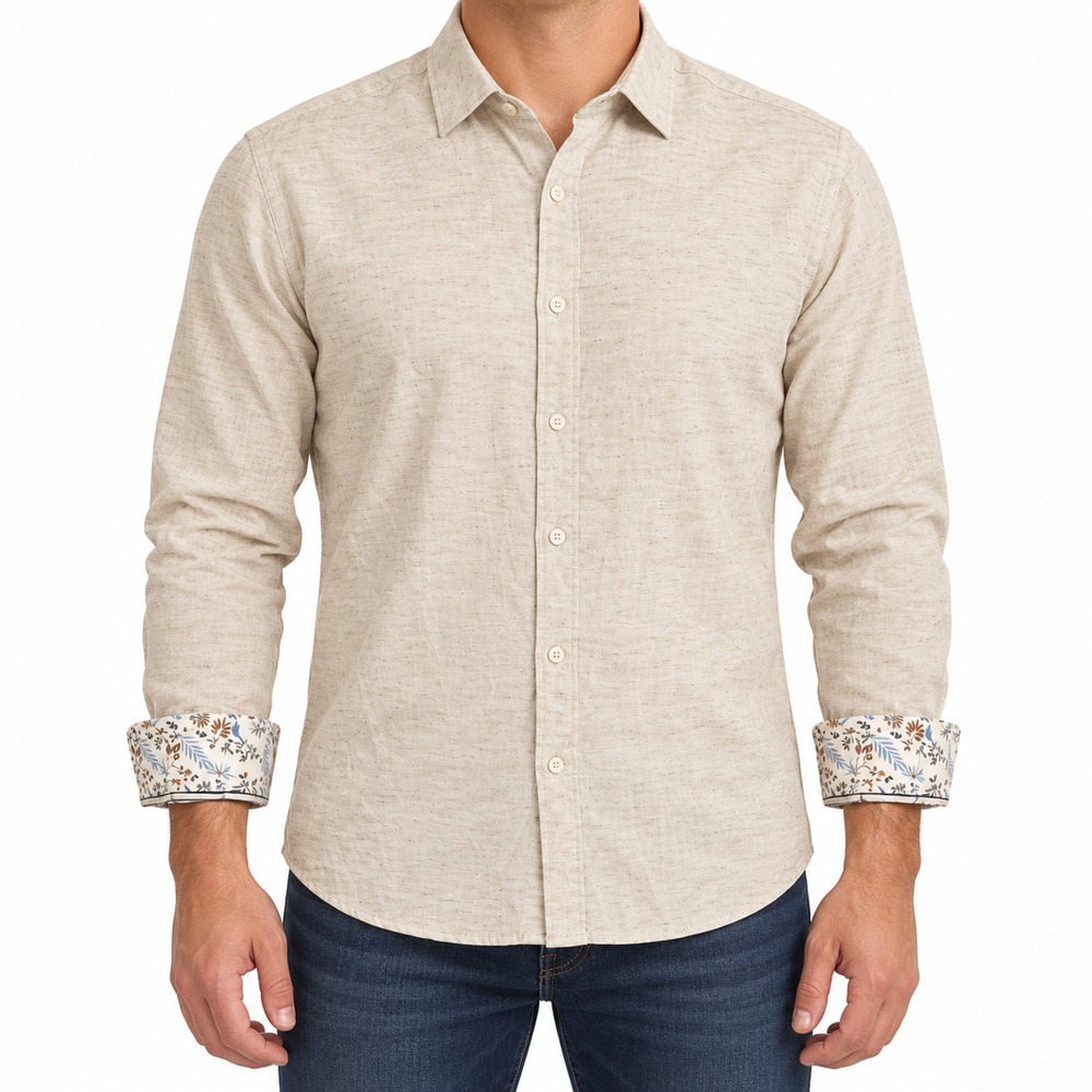 NEW Denim & Flower Shirt Mens Medium Beige Textured Melange Long Sleeve Button